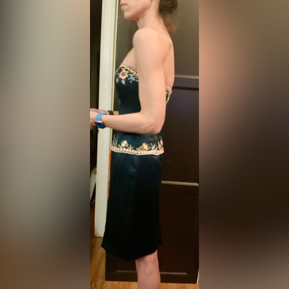 Sue Wong 100% 4 Silk Emerald Teal Strapless Embroidered Peplum Evening Dress - Picture 4 of 12